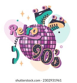 Retro template in retro style of 90s, 80s. Pink disco ball with  roller skating, handset, color text. Clipart. Vector illustration for nostalgia musical party, advertising poster, old school banner