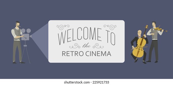 Retro template for a web video player. Silent movie cinema illustration with a small orchestra and a projectionist. EPS10 vector illustration.