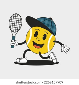 Retro tennis ball mascot in cap with racket. Funny cartoon character. Trendy isolated vector illustration.