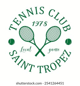 Ilustración de moda de Arte vectorial de club de tenis retro. Antiguas Tennis Racket Camiseta con eslogan Diseño estampado. club de tenis, dos raquetas y pelota. logo gráfico con eslogan, tenis retro con raqueta,