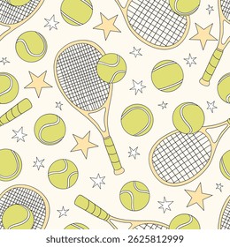 Retro Tennis equipment Game Day vector seamless pattern. Boyish Sports Sporty Boy background.