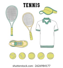 Retro Tennis equipment Game Day vector clip-art set isolated on white. Boyish Sports Sporty Boy hand drawn illustrations.
