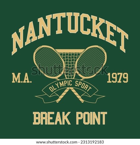 retro tennis with racket, ball and laurel. city nantucket, logo slogan graphic, break point, Country club summer SS23 tennis crest sport 