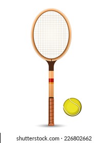 Retro tennis racket with yellow ball vector illustration.