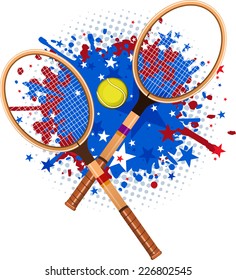 Retro tennis rackets with ball and red blue splash vector illustration.