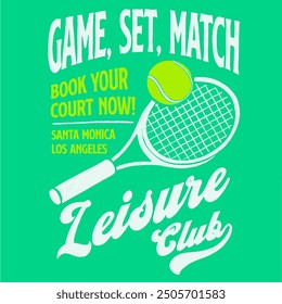 Retro tennis-themed vector design featuring bold typography and vibrant colors, perfect for sports enthusiasts and vintage apparel collections.