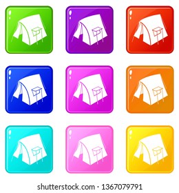 Retro tent icons set 9 color collection isolated on white for any design