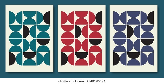 Retro terracotta geometric vector minimal poster collection. Trendy bauhaus aesthetic background