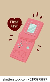 Retro tetris game with quote in speech bubble. Retro style poster template. Flat vector naive design. Motivational decor with words FIRST LOVE.