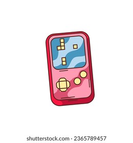 Retro tetris sticker vector illustration. Cartoon isolated puzzle toy of 80s and 90s vintage technology, rectangle red tetris controller with buttons for building mosaic construction with square block