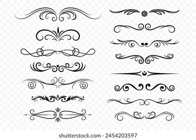 Retro Text Delimiter Set. Vintage Ornamental Monochrome Text Dividers, Decorative Scrolls, Separators and Header Decorative Swirls. Vector Illustration