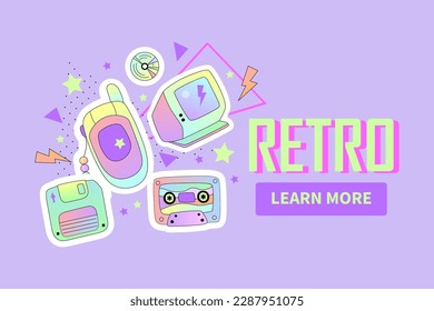 Retro text with retro objects for poster, flyer, advertising, banner. 90s vibes. Space for text. Vector illustration.