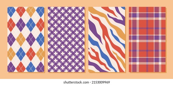 Retro textile backgrounds. Set of seamless patterns, colored background. Modern geometric textures. 90s 80s 70s. Set of abstract vintage stories template. Trendy design