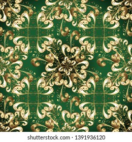 Retro textile collection. Elements with beige and green colors. Vector illustration. Simple Christmas seamless pattern with geometric motifs. Snowflakes with different ornaments.