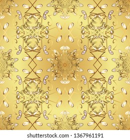 Retro textile collection. Simple Christmas seamless pattern with geometric motifs. Vector illustration. Snowflakes with different ornaments. Elements with yellow and beige colors.