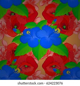 Retro textile design collection. 1950s-1960s motifs. Autumn colors. Abstract seamless vector pattern with hand drawn floral elements. Silk scarf with hibiscus flowers on a brown background.