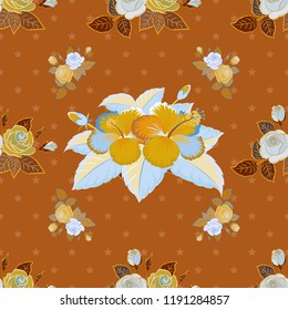 Retro textile design collection. Abstract seamless vector pattern with hand drawn floral elements. 1950s-1960s motifs. Autumn colors. Silk scarf with hibiscus flowers in brown, orange and yellow color