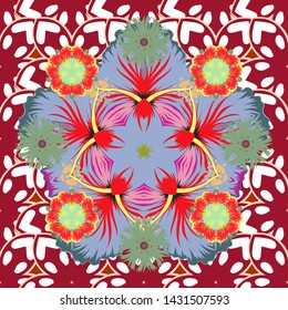 Retro textile design collection. Abstract seamless vector pattern with hand drawn floral elements. Autumn colors. 1950s-1960s motifs. Silk scarf with blooming flowers in red, white and green colors.
