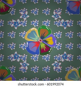 Retro textile design collection. Abstract seamless vector pattern with hand drawn floral elements. Silk scarf with blooming flowers in blue, green and red colors. 1950s-1960s motifs. Autumn colors.