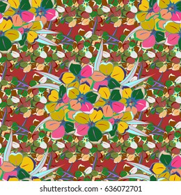 Retro textile design collection. Abstract seamless vector pattern with hand drawn floral elements. 1950s-1960s motifs. Autumn colors. Silk scarf with blooming flowers in yellow, blue and pink colors.
