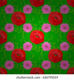 Retro textile design collection. Abstract seamless vector pattern with hand drawn floral elements. Autumn colors. Silk scarf with poppy flowers on a green background. 1950s-1960s motifs.