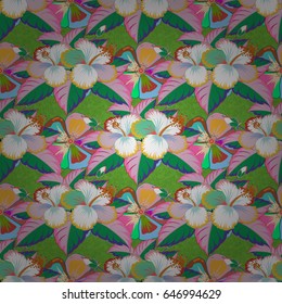 Retro textile design collection. Abstract seamless vector pattern with hand drawn floral elements. 1950s-1960s motifs. Autumn colors. Silk scarf with blooming flowers in pink and orange colors.