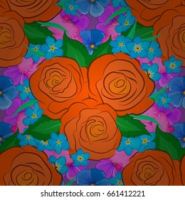 Retro textile design collection. Abstract seamless vector pattern with hand drawn floral elements. Autumn colors. Silk scarf with rose flowers and green leaves on violet background. 1950s-1960s motifs