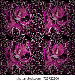 Retro textile design collection. Abstract seamless vector pattern with hand drawn floral elements. Black, pink and magenta on black, pink, magenta. Silk scarf with blooming flowers. 1950s-1960s motifs
