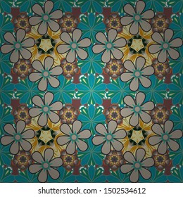 Retro textile design collection. Autumn colors. 1950s-1960s motifs. Abstract seamless vector pattern with hand drawn floral elements. Silk scarf with blooming flowers in blue, gray and green colors.