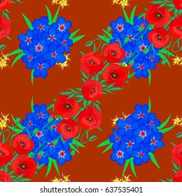Retro textile design collection. Autumn colors. Silk scarf with poppy flowers on a brown background. Abstract seamless vector pattern with hand drawn floral elements. 1950s-1960s motifs.