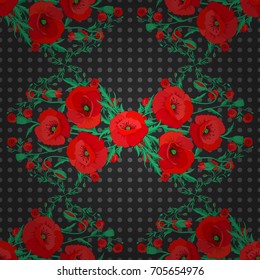 Retro textile design collection. Autumn colors. 1950s-1960s motifs. Silk scarf with poppy flowers on a gray background. Abstract seamless vector pattern with hand drawn floral elements.