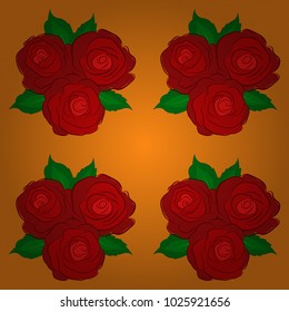 Retro textile design collection. Silk scarf with rose flowers and green leaves in orange and red colors. Autumn colors. 1950s-1960s motifs. Seamless vector pattern with hand drawn floral elements.