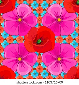 Retro textile design collection. Silk scarf with poppy flowers in red, pink and magenta colors. Abstract seamless vector pattern with hand drawn floral elements. Autumn colors. 1950s-1960s motifs.