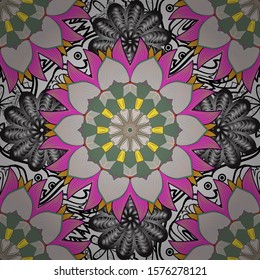 Retro textile design collection. Silk scarf with blooming flowers. Gray, magenta and green on gray colors. Abstract seamless vector pattern with hand drawn floral elements. 1950s-1960s motifs.