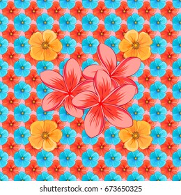 Retro textile design collection. Silk scarf with plumeria flowers on a pink background. Abstract seamless vector pattern with hand drawn floral elements. Autumn colors. 1950s-1960s motifs.