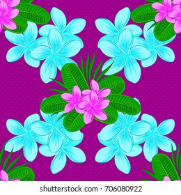 Retro textile design collection. Silk scarf with plumeria flowers on a purple background. 1950s-1960s motifs. Abstract seamless vector pattern with hand drawn floral elements. Autumn colors.