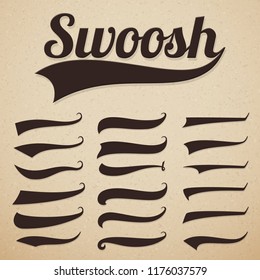 Tras de texto retro. Suele nadar, nadar y chispas para la tipografía vectorial vintage del béisbol. Ilustración de swoosh, swash, deseadas y colección de remolinos