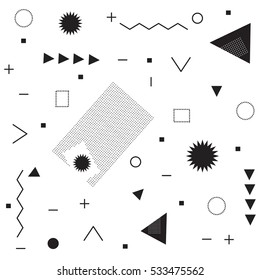 Retro texture, and geometric elements. Set of beautiful vector graphic shapes of an arbitrary flat style. Modern abstract design, black and white.