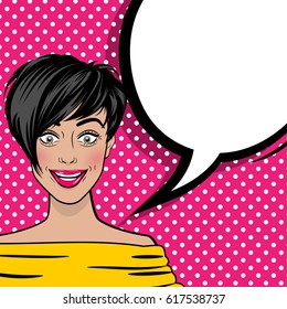 Retro texture halftone pink background. Beautiful sexy pop art girl cool hairstyle in cartoon comic book. Smiling in pop art style woman. Empty blank comic book text speech bubble.