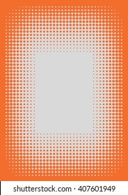 Retro textured background. Dotted circle. Dots gradient, dots gain, halftone frame, A4 format, vector illustration in orange and gray color. Pop art, popart, comics, old-fashioned, dotted background. 