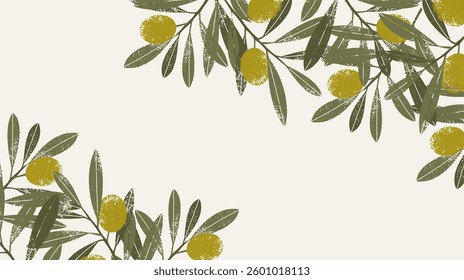 Retro textured vector olive branch frame. White background. Packaging design illustration.