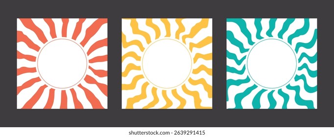 Retro textures of the 60s, 70s, 80s with copy space. Set of trendy psychedelic square templates with space for text. Vector illustration for postcards, advertising, banners, invitations.