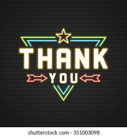 Retro Thank You Message Sign Design. Signage Light Bulbs Frame and Neon Lamps on brick wall background. American advertisement style vector illustration.