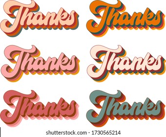 Retro Thanks Colorful Striped Text Effect 70s Style, Thank You Bold Type Font, Cream, Brown And Pink Background Graphic Design Vector, Card And Sticker Illustration, Thank You Cursive Funky Typography