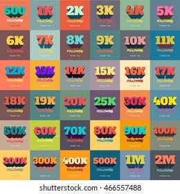 Retro Thanks Design SET for Network Friends and Followers. Thank you followers card. Image for Social Networks. Web user celebrates a large number of subscribers or followers