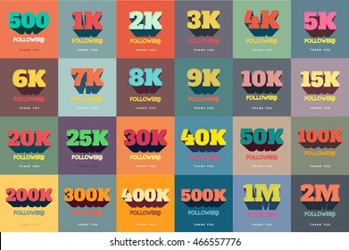 Retro Thanks Design SET for Network Friends and Followers. Thank you followers card. Image for Social Networks. Web user celebrates a large number of subscribers or followers.