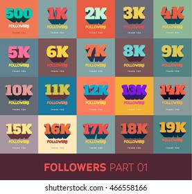 Retro Thanks Design SET for Network Friends and Followers. Thank you followers card. Image for Social Networks. Web user celebrates a large number of subscribers or followers.