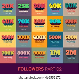 Retro Thanks Design SET for Network Friends and Followers. Thank you followers card. Image for Social Networks. Web user celebrates a large number of subscribers or followers.