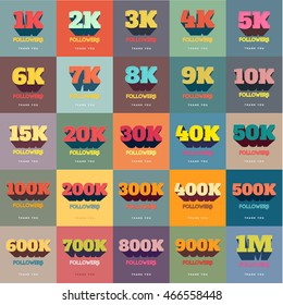 Retro Thanks Design SET for Network Friends and Followers. Thank you followers card. Image for Social Networks. Web user celebrates a large number of subscribers or followers.