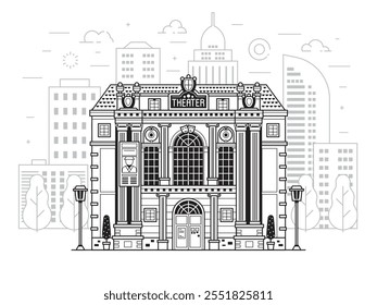 Fachada de construção de teatro retrô sobre o fundo da cidade moderna. Dramática ilustração de arte de linha exterior de teatro. A cultura da cidade e entretenimento marco no horizonte do centro da cidade em design geométrico.